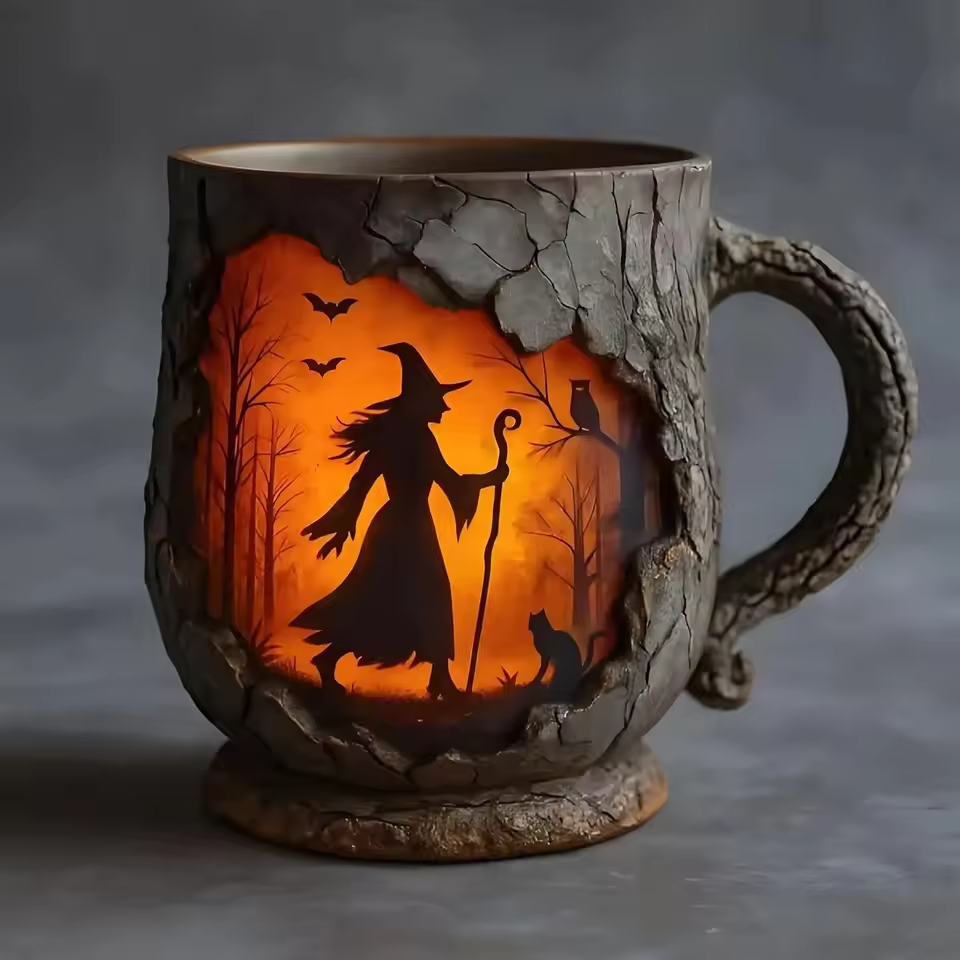 Handmade 3D Halloween Mug β Witch & Cat Design