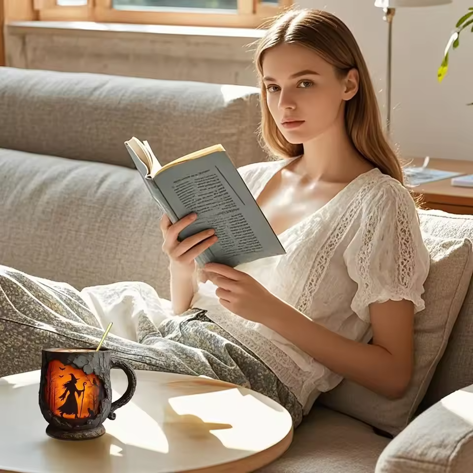 Handmade 3D Halloween Mug β Witch & Cat Design