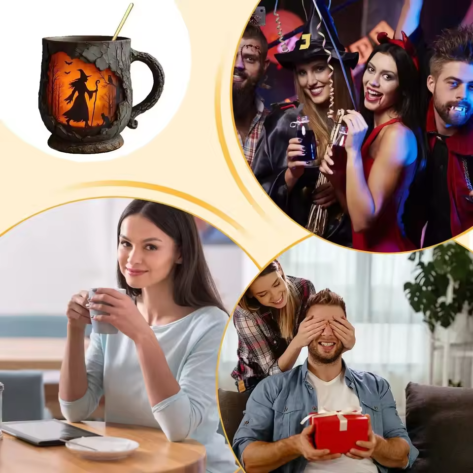 Handmade 3D Halloween Mug β Witch & Cat Design