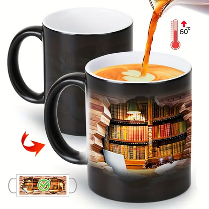 Cozy Library Escape Heat-Reveal Ceramic Mug - Magical Bookshelf Coffee Cup