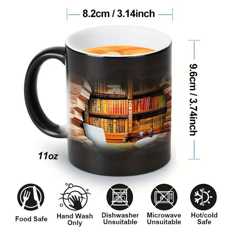 Cozy Library Escape Heat-Reveal Ceramic Mug - Magical Bookshelf Coffee Cup