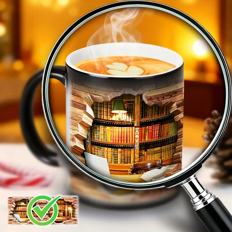 Cozy Library Escape Heat-Reveal Ceramic Mug - Magical Bookshelf Coffee Cup