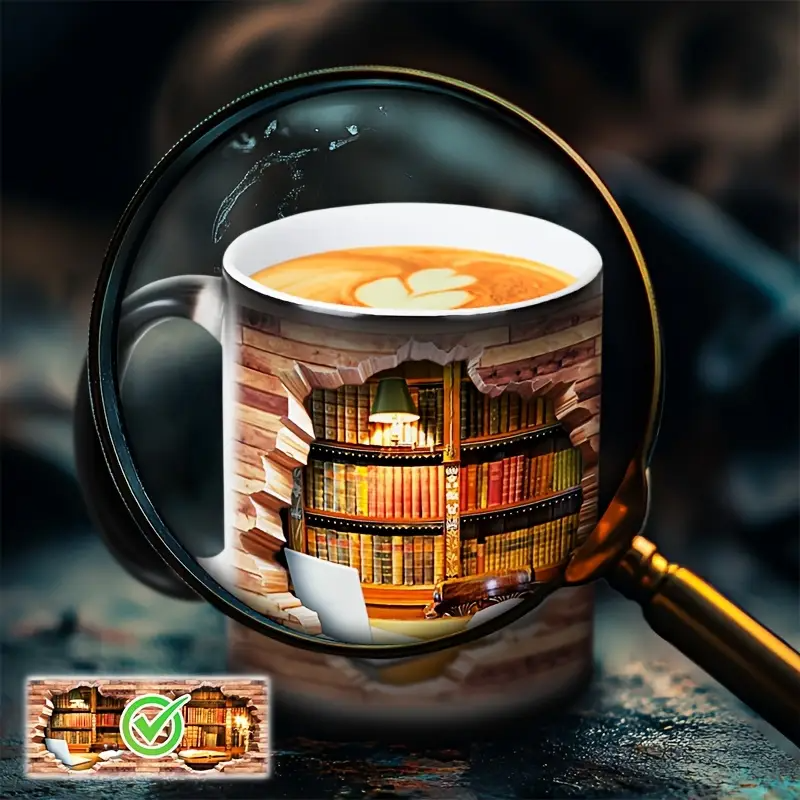 Cozy Library Escape Heat-Reveal Ceramic Mug - Magical Bookshelf Coffee Cup