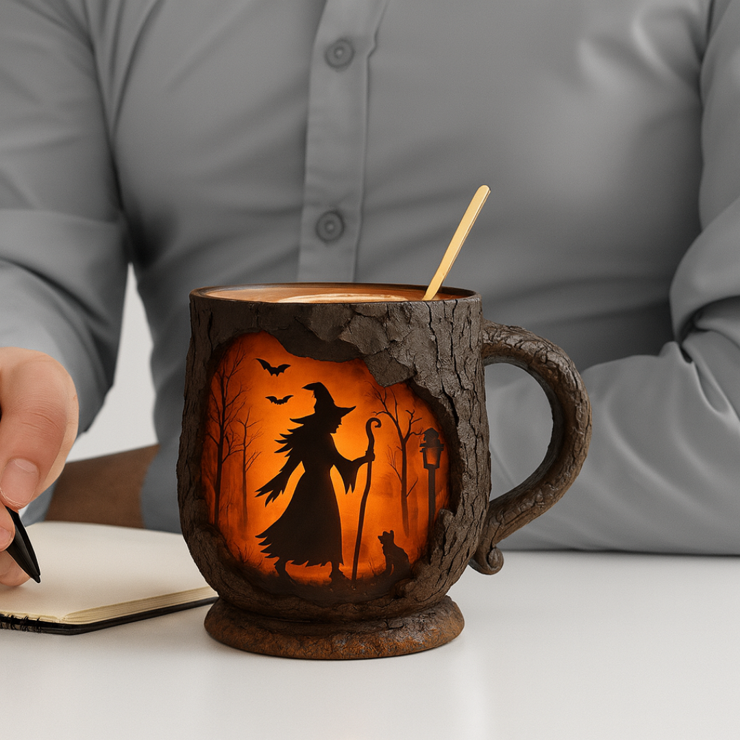 Handmade 3D Halloween Mug – Witch & Cat Design
